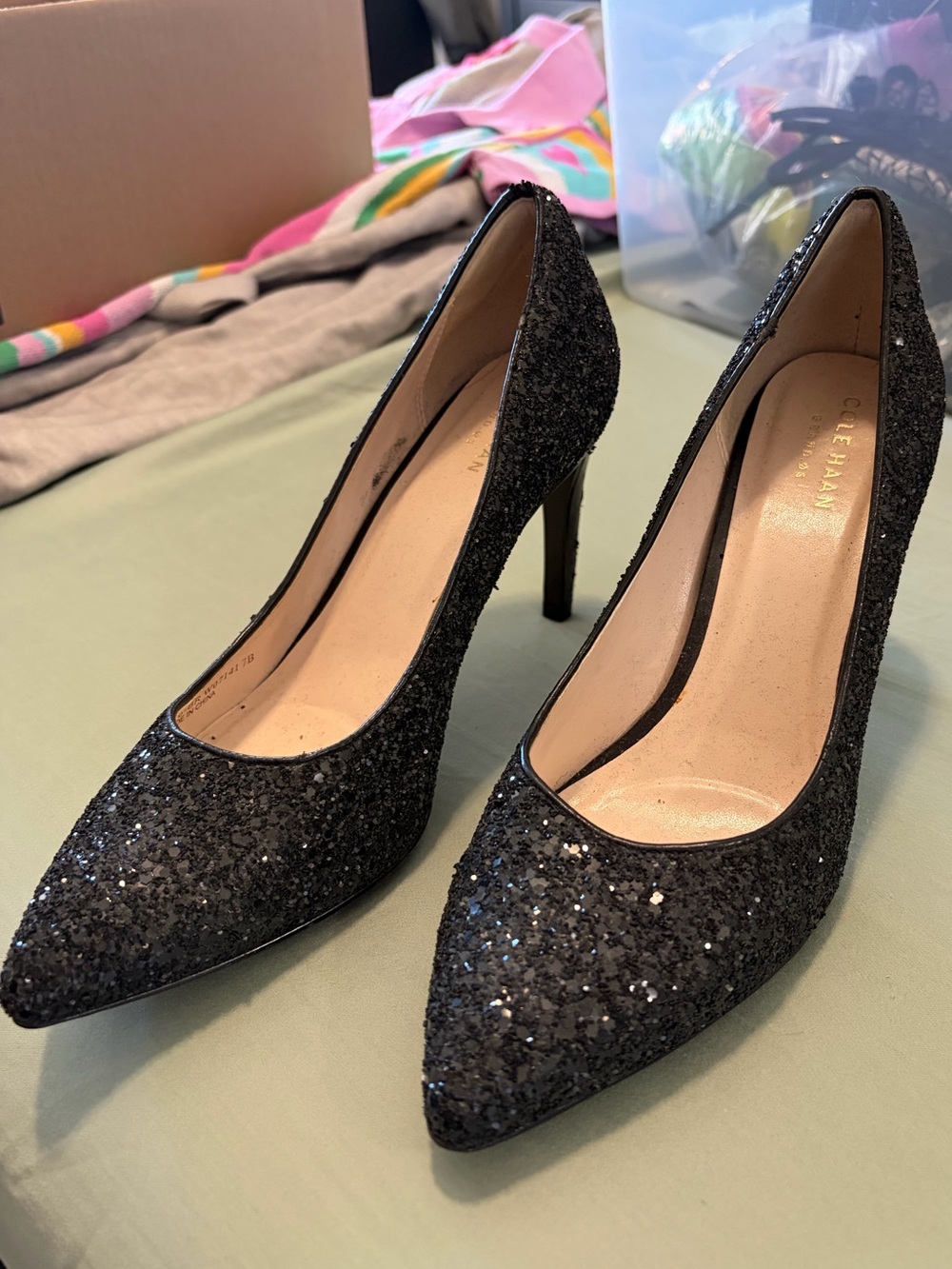 Cole Haan Black Glitter Pointed Toe Heels